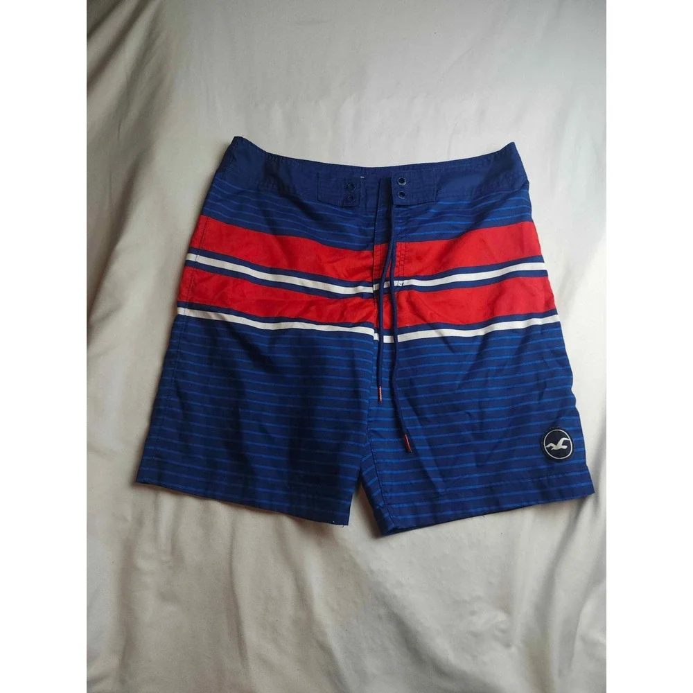 Hollister Mens Blue Red Striped Board Shorts Swim Trunks Size 32 Surf Beach